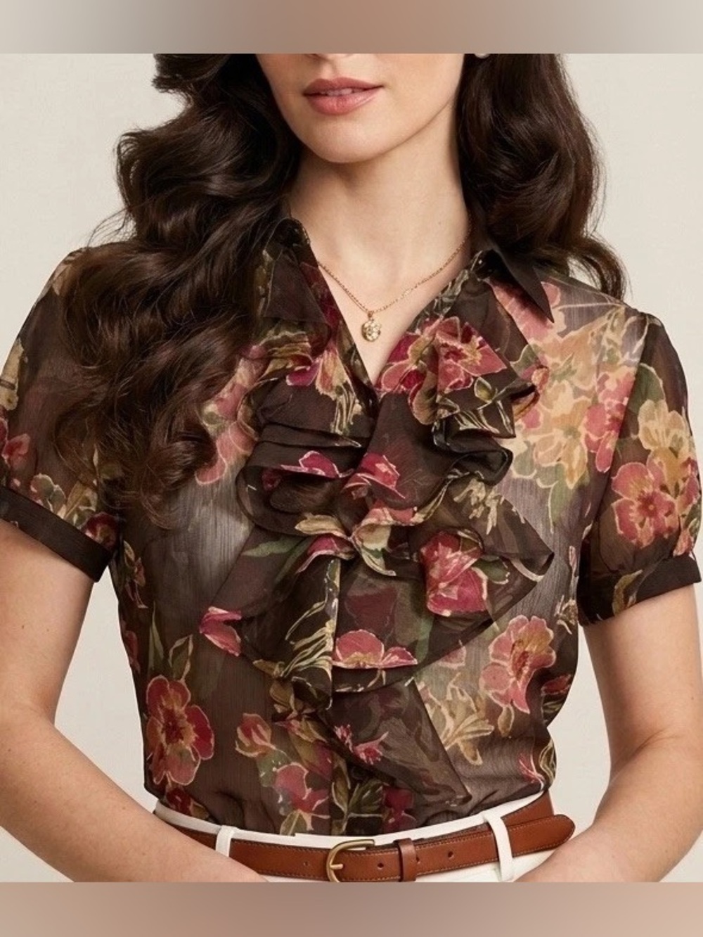 Lauren Ralph Lauren Sheer Brown Floral Ruffle Bib Short Sleeve Blouse Medium